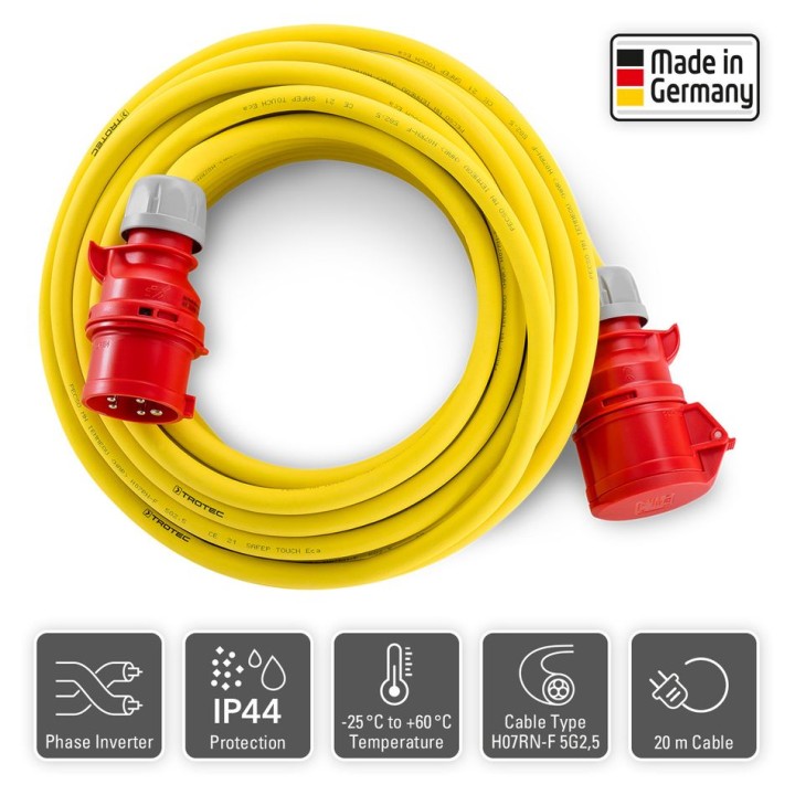 Ammattikäyttöön tarkoitettu jatkokaapeli 20 m, 400 V, 16 A, 2,5 mm²