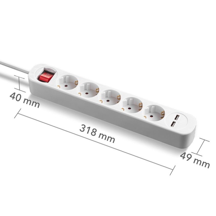 PVH5-jatkopistorasia 5 pistorasialla ja 2 USB-latausliitännällä