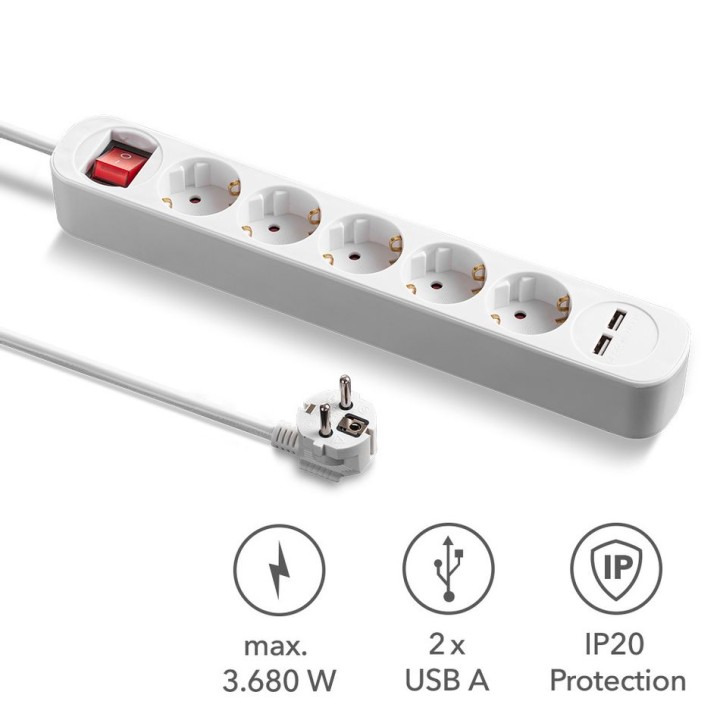 PVH5-jatkopistorasia 5 pistorasialla ja 2 USB-latausliitännällä