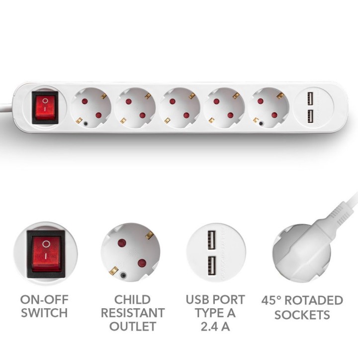 PVH5-jatkopistorasia 5 pistorasialla ja 2 USB-latausliitännällä