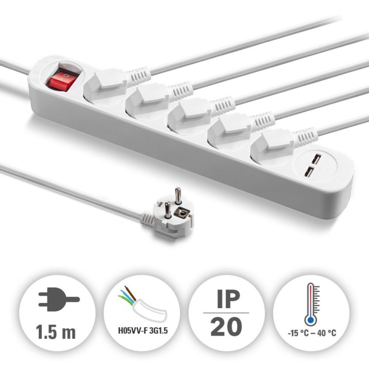 PVH5-jatkopistorasia 5 pistorasialla ja 2 USB-latausliitännällä