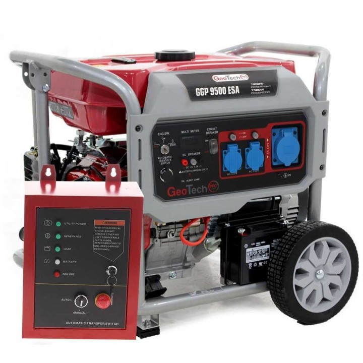 GeoTech Pro GGP 9500 ESA generaattori 7 5 kW AVR sähkökäynnistys ja ATS