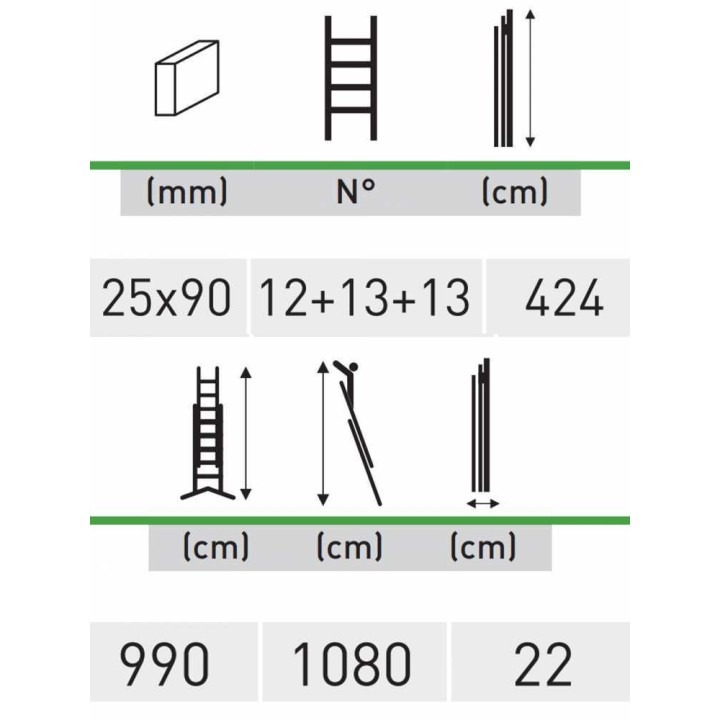 Facal PRIMA F P420-3F kolmiosainen alumiinitikas vaijerilla, 9,90 m, 150 kg