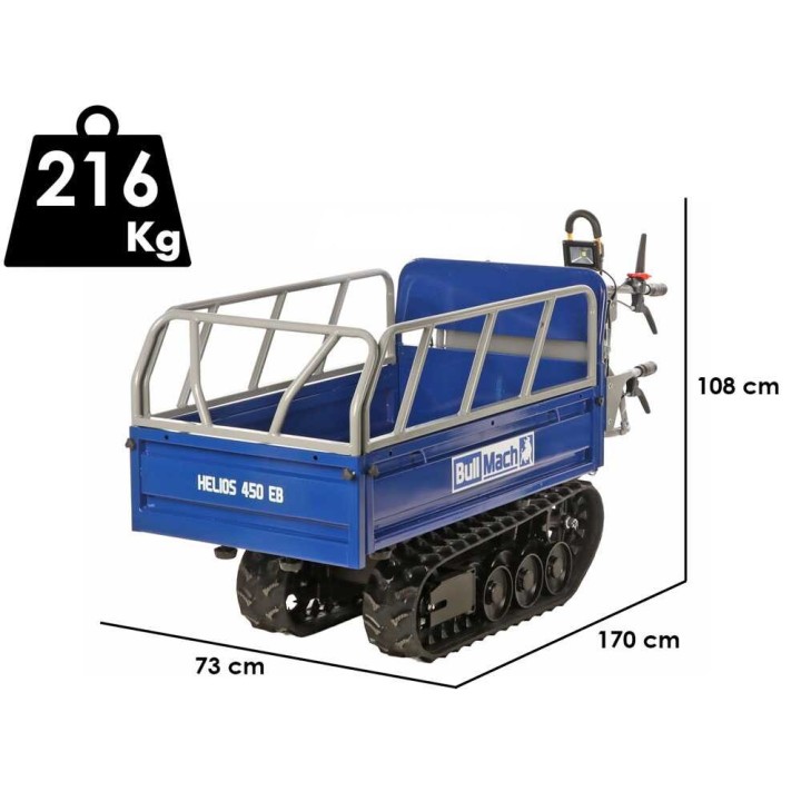 BullMach Helios 450 EB sähkötoiminen telaketjukottikärry, 450 kg, 60 V 20 Ah, jatkettava lava