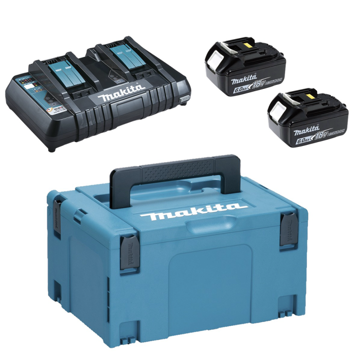Makita laturi 2 akkua 18 V 6 Ah 2 latauspaikkaa ja laukku