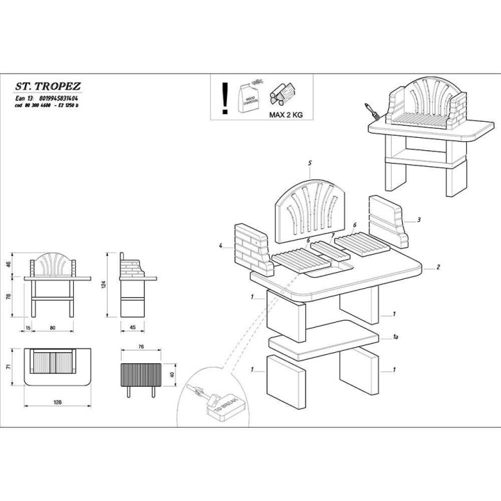 Palazzetti St. Tropez muurattu puu- ja hiiligrilli, 76 × 40 cm, 360 kg