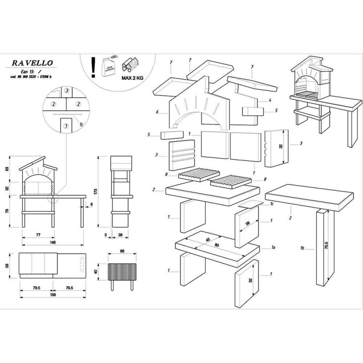 Palazzetti Ravello muurattu puu- ja hiiligrilli, 68 × 40 cm, 490 kg