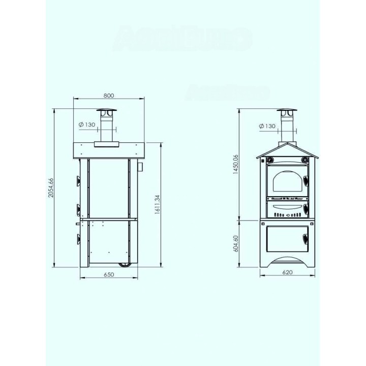 Minimus 50 EXT INOX ventilatoitu puu-uuni ulkokäyttöön, 3 tasoa