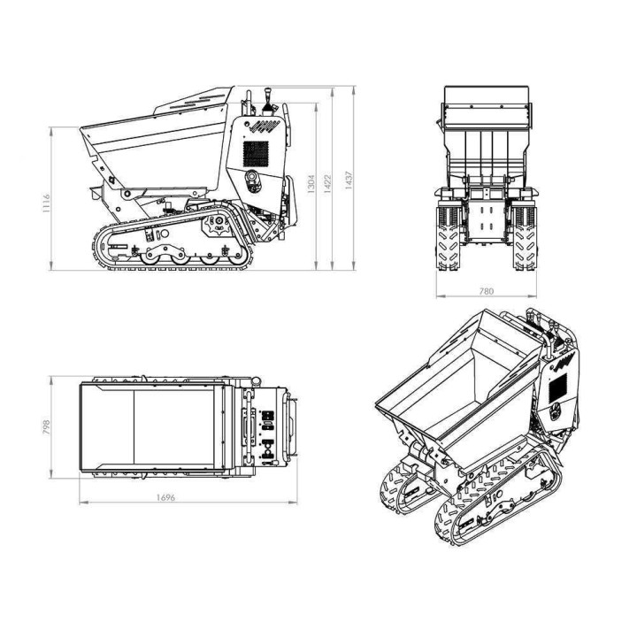 RAPTOR 7800 HD telaketjukuljetin, Honda GX390, 13 HP, hydraulinen dumper-lava