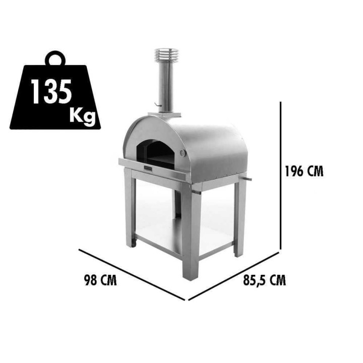 Fontana Mangiafuoco INOX -puu-uuni kärryllä, 80 × 60 cm, ruostumaton teräs