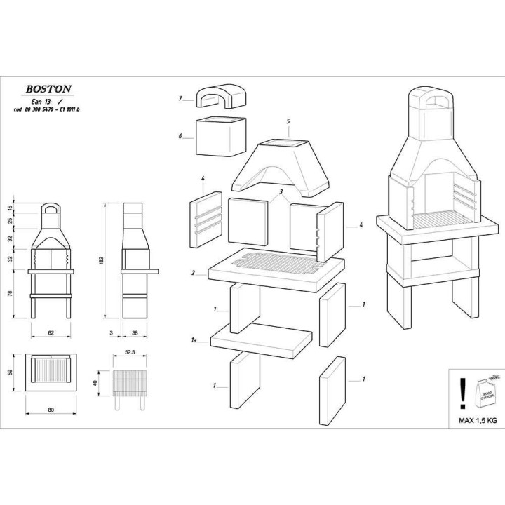 Palazzetti Boston muurattu hiiligrilli, 53 × 40 cm, 250 kg